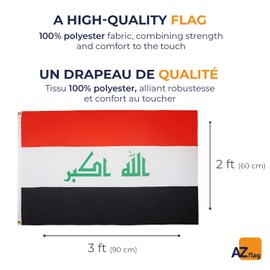 AZ FLAG - Iraq Flag - 90x60 Cm - 100D Polyester Iraqi Banner With Two Metal Grommets - Fade Resistant - Vivid Colors - 2' x 3' Feet - 2x3 Ft