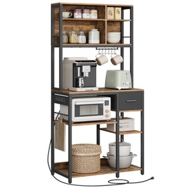 VASAGLE Bakers Rack with Charging Station, Coffee Bar with Adjustable Storage Shelves, Fabric Drawer, 12 Hooks, 15.7 x 31.5 x 71 Inches, Kitchen Microwave Stand, Rustic Brown and Ink Black UKKS015K01