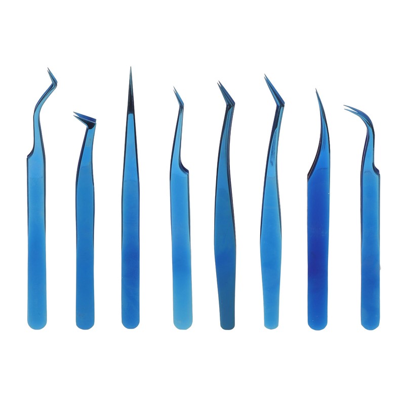 8pcs Eyelash Tweezers Stainless Steel Fine Tip Ergonomic Blue Titanium