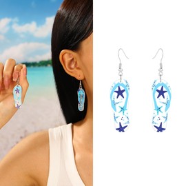 Summer Beach Flip Flop Earrings Blue Acrylic Flip Flops Dangle Drop Earring Cute Starfish Earrings Lightweight Hypoallergenic Beach Themed Earring Hawaiian Charm Jewelry for Women, Large, Acrylic, No