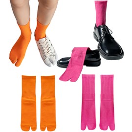 Pursuestar 2 Pairs Women Girl Men Cotton Sports Casual Sandal Split Two Toe Japanese V Socks Tabi Flip Flops Socks Candy Color Hot Pink + Orange