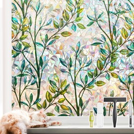 NINETREX Window Privacy Film Stained Glass Window Film 3D Decorative Window Cling,Sun Blocking Static Cling Removable Film for Glass Door,Home Decor Window Cover Non-Adhesive 45.2 x 157.4 inches,Leaf