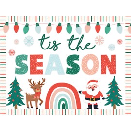 Whaline 64Pcs Groovy Christmas Bulletin Board Decoration Kit Colorful Xmas Tree Santa Rainbow Snowflake Paper Bulletin Board Set for Winter Christmas Party Supplies