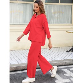 ROYLAMP Womens 2 Piece Outfits Fall Long Sleeve Button Crew Neck Top Long Pant Trendy Matching Casual Sweatsuit Tracksuits Sets Red & Christmas M