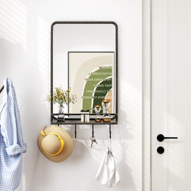 Tangkula Entryway Mirror with Shelf and Hooks, Wall Mounted Rustic Metal Mirror with Storage Shelf & 4 Hooks, Farmhouse Bathroom Vanity Mirror for Bedroom, Hallway, Living Room Decor