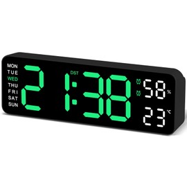 JoFomp Digital Wall Clock Large Display, 9" LED Wall Clocks for Living Room Decor, Digital Clock with Temperature/DST/Auto-Dimming/Humidity/Snooze - 12/24H, Silent Digital Clocks for Seniors Kids