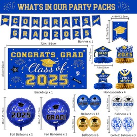 Graduation Decorations 2025 - Blue and Gold Graduation Decorations Set Congrats Grad Banner & Backdrop, Hanging Swirl, Balloons, Honeycomb Centerpieces for Congrats Grad Party Decorations