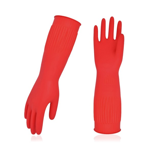 Vgo... RB2143 Kitchen Gloves, 3 Pairs, Waterproof Gloves, Long, Rubber Gloves, Work, Dishwashing Gloves, Cleaning Gloves, Long Sleeve, Car Wash, Laundry, Gardening, Painting, Pet Care, Multi-Purpose (M, Red,