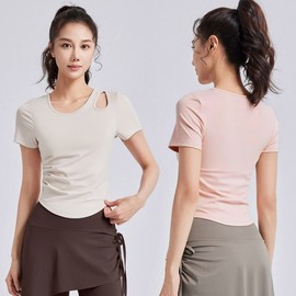 Shoulder Cutout Shirred Short-Sleeve Yoga Top EL-1004013 Pastel Green/L 3ea