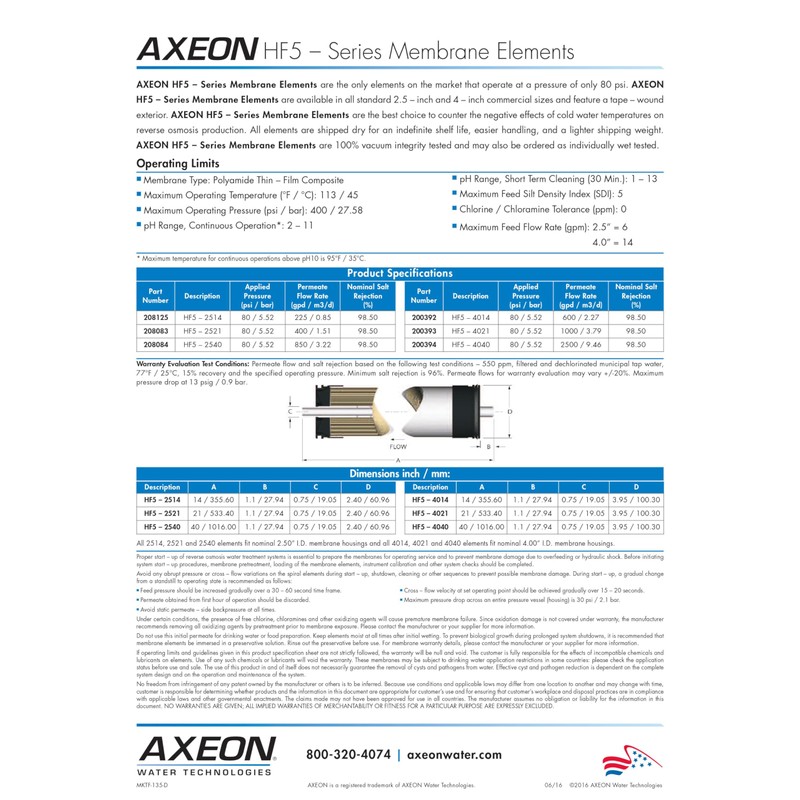 Axeon HF5-2521 RO Membrane – 400 GPD Reverse Osmosis Element