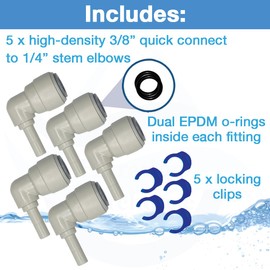3/8" OD to 1/4" DUAL O-RING, 90 degree Stem Elbows, 5 Pack, Quick Connect, Push Fit Water Tube Fitting for RO Reverse Osmosis, Filters, Refrigerators, Ice, and Coffee, with Locking Clips