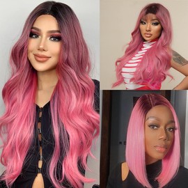 Ombre Bundles 1B/Pink Straight Bundles Human Hair Pink Bundles Two Tone Black Roots and Pink Bundles Brazilian Human Hair Weave Silky Soft for Black Women 12 14 16 inch