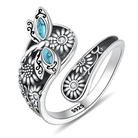 JXJL 925 Sterling Silver Turquoise Dragonfly Spoon Ring Vintage Boho Sunflower Thumb Rings Christmas Gifts for Women