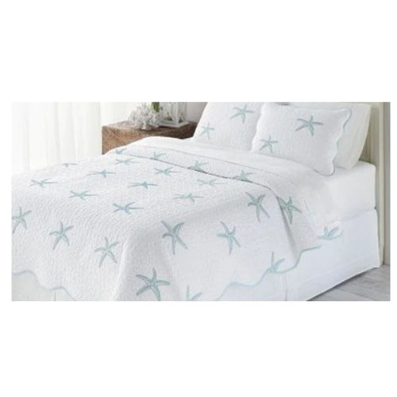 Home Classics White Embroidery Quilted Standard Sham Blue Starfish 100%