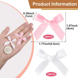 Winsyison 50pcs Mini Bows for Crafts, Soft Satin Ribbon Bowknot Decor, Premade Craft Bows for Wrapping Flower Packaging Card Making Wedding Birthday Party- Pink & White