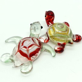 Sansukjai 2 Turtles Miniature Figurines Animals Hand Blown Color Glass Art Collectible Gift Decorate