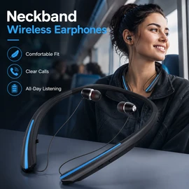Neckband Bluetooth Earbuds for Calls & Music – Retractable Wireless Headset with Mic for Sports & Travel
