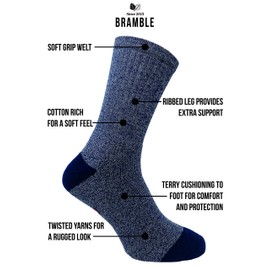 Bramble Mens All Terrain Walking Boot Socks | Ribbed Support - Soft Grip - Cotton Rich Comfort with Twisted Yarns | 3 Pairs | Blue Mix | UK Size 6-11