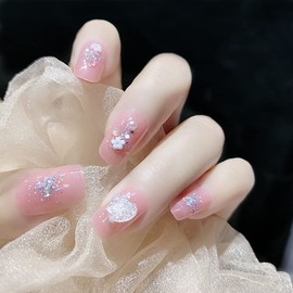 24 Pcs Flash Nude Pink Girly Nail Lovely Small Flower Decoration for Photo Taking Pictures Wedding Coming of Coming Of Age Ceremony Party After-party False Nail Tips
