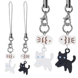 lasuroa 2pcs Cute Cat Phone Charms, Kawaii Cat Fish Phone Lanyard Straps Hanging Pendant Ornaments Decor for Friends Couples Phones Keychain Backpack Handbag Wallet Accessories (Black, White)