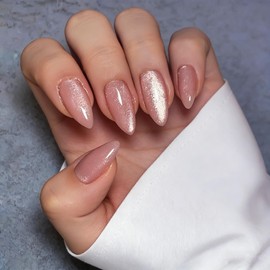 KQueenest Cat Eye Light Pink Press on Nails Medium Almond, 30 Pcs Glitter Nude Pink Fake Nails Press ons, Sparkly Acrylic Nails with UV Coating, Reusable Glue on Nails for Women Small Hand