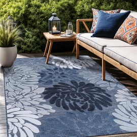 Luul Home Floral Indoor Outdoor Rugs 9x12 Large Area Rug for Living Room, Patio Decor, Kitchen, and Entryway Rug, Washable Stain Resistant Outside Carpet Navy 9 x 12