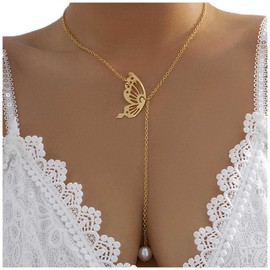 Cimenexe Bohemian Long Pearl Drop Necklace Butterfly Wing Choker Necklace Gold Y Lariat Necklace Hollow Butterfly Necklace Chain Jewelry for Women and Girls Gifts