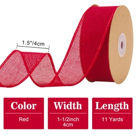 G2PLUS 4cm Wired Burlap Ribbon, Red Wired Ribbon for Crafting,10m Hessian Wired Ribbon for Bows Making, Wired Ribbon for Gift Wrapping, Wired Ribbon for Wreaths, Christmas Decoration