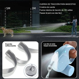 5M Correa Retráctil para Perro,Correa Retráctil para Perros con 2 Rolls Bolsas de Basura y Dispensador de Bolsas,Freno con Una Sola Mano,para Perros de hasta 50KG (Azul)