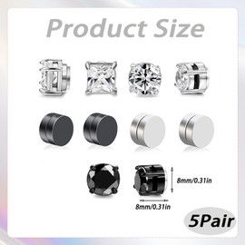 5Pairs Magnetic Earrings, Magnetic Earrings for Men, Non-Pierced Magnetics Stud Earrings, Clip on Earring Women Men Girls Boys, Mens Silver Earring Decorated with Zircons