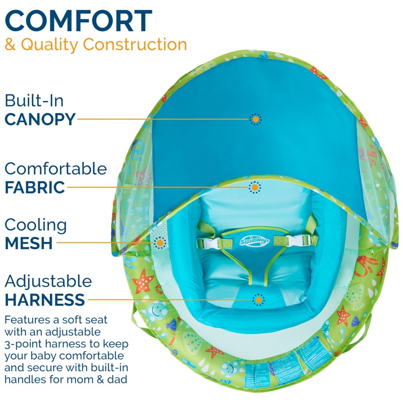 SwimWays Baby Spring Float with Adjustable Canopy, Green Octopus