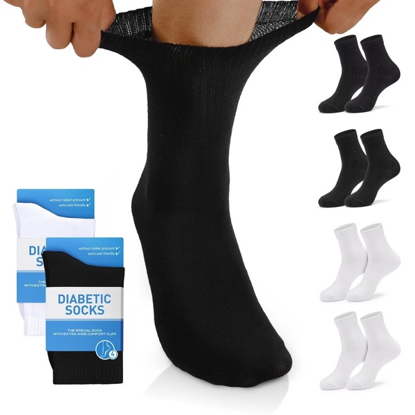 FALARY - Calcetines para diabéticos para hombres y mujeres, calcetines sueltos, sin atar, 4 pares, 2 Negro/2 Blanco, Large