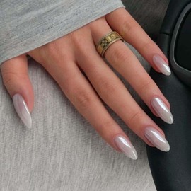 White Chrome Press on Nails Almond Fake Nails Medium False Nails with Design Mirror Solid Color Acrylic Glue on Nail Reusable Full Cover Stick on Nail for Women DIY Manicure Decoration 24Pcs