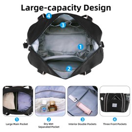 WALNEW Travel Duffel Bag, Weekender Overnight Carry On Bag for Women Men, Foldable Waterproof Gym Luggage with Metal Buckle Detachable Shoulder Strap and Wet Compartment (Black)