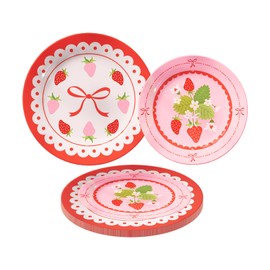 FYSUIMU 50Pcs Red Pink Strawberry Paper Plates Cute Bow Strawberry Disposable Plates 7 & 9 Inch Dinner Dessert Plates for Wedding Birthday Baby Shower Party Supplies | FYSUIMU
