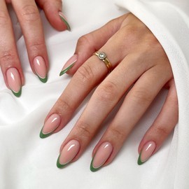 Simple Press on Nails Nude with Green Trim Fake Nails Medium Almond False Nails Glossy Full Cover Glue on Nails French Tip Acrylic Artificial Stick on Nails 24 Pcs