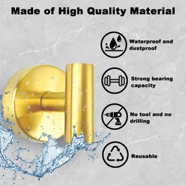BIRDDIE Suction Cup Shower Towel Hooks, Wall Mount Robe Holder, Heavy Duty No Drill Wall SUS304 Waterproof Stainless Steel Hooks for Bedroom, Bathroom, Kitchen, Hotel and Office (2*Brushed Golden)