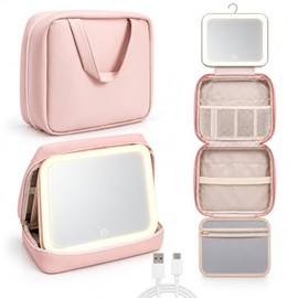 Cosmetiquera con Espejo y luz,Bolsa de Maquillaje con Espejo LED, 3 Niveles de Luz, Sensor Táctil,Adecuado para Viajes de Mujeres y Uso Doméstico (Blanquecino, Convencional)