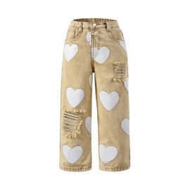 Floerns Toddler Girl's Heart Print Jeans Distressed Ripped Straight Leg Denim Pants Khaki 5Y