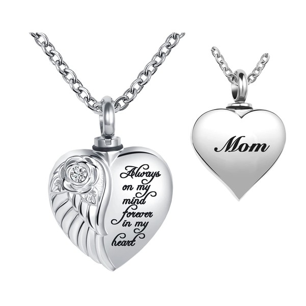 LuxglitterLin Heart Cremation Necklace for Mom Ashes Angel Wing Urn