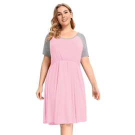 MONNURO Women's Plus Size Nursing Dress Short Sleeve Color Block Labor Delivery Maternity Nightgown Dress for Breastfeeding(Pink/HeatherGray,9X)