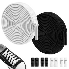 4 Pairs No Tie Elastic Laces, No Tie Shoe Laces for Trainers, Premium Elastic Weave Shoe Laces with Metal Buckles, No Tie Laces for Adults Kids(Black&white)
