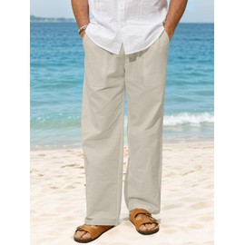 AKEFUN Mens Summer Casual Linen Pants Beach Elastic Drawstring Waistband Loose Fit Slacks with Pockets Khaki