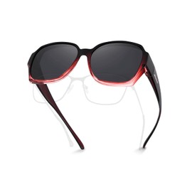 Meeloog Polarised Over Glasses Sunglasses for Men and Women, UV400 Protection Sunglasses, Square Oversized Glasses for Driving DEMST2106, D1 Black Gradient Burgundy Frame/Grey Lens