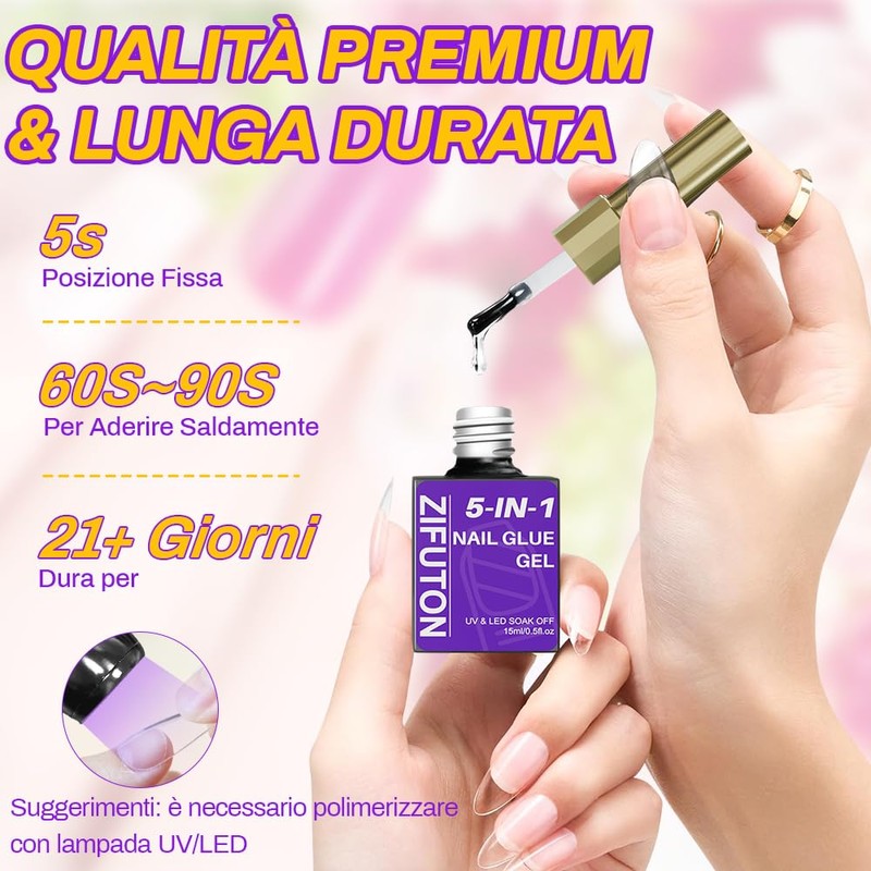 ZIFUTON 5 In 1 Colla Per Unghie Finte Extra Forte,