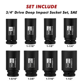 CASOMAN 3/4" Drive Deep Impact Socket Set, 8 Piece Set, SAE Sizes (1-Inch to 1-1/2-Inch), 6 Point, 3/4" Dr. Heavy Duty Impact Socket Set