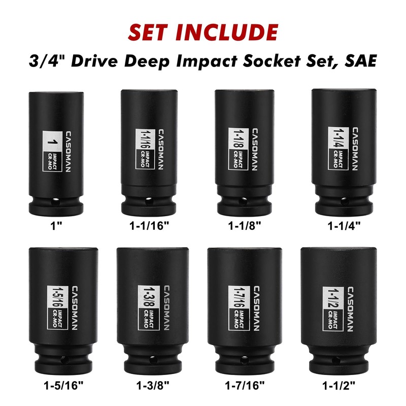 CASOMAN 3/4" Drive Deep Impact Socket Set, 8 Piece Set,
