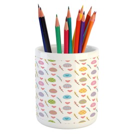 Ambesonne Easter Pencil Pen Holder, Colorful Eggs with Stripes Dots Leaves Branches and Hearts Joyous Spring Elements, Ceramic Pencil Holder for Desk Office Accessory, 3.6" X 3.2", Multicolor