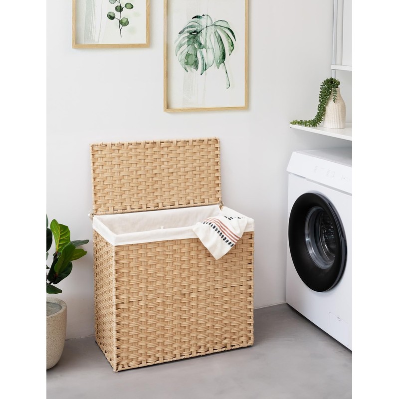StorageWorks 130L Wicker Laundry Hamper with Lid, 2 Section Wicker