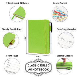 feela 15 Pack Pocket Small Notebooks Bulk, Mini Cute Memo Notepads Hardcover College Ruled Lined Journals with Pen Holder for Women Girls Office School, with 15 Black Pens, 3.5”x 5.5”, A6, Green
